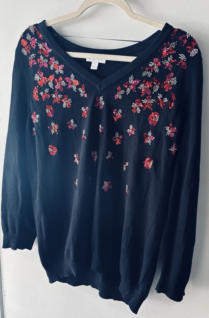 Charter Club XL Black Whimsical Holiday Floral Sequin Beaded V-Neck Sweater